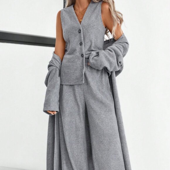 Grey Casual Women's Plush V-Neck button down vest, Cardigan & Pants set - Picture 1 of 7